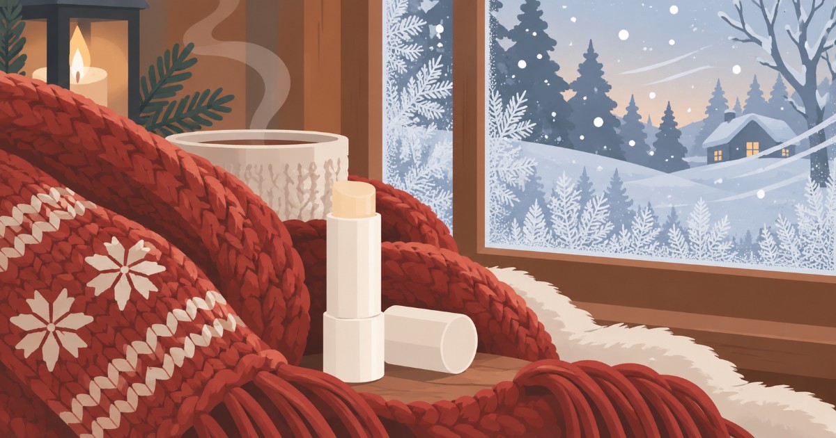 Ilustrace zimní ochrany rtů balzámem, teplý šátek a sněžení za oknem